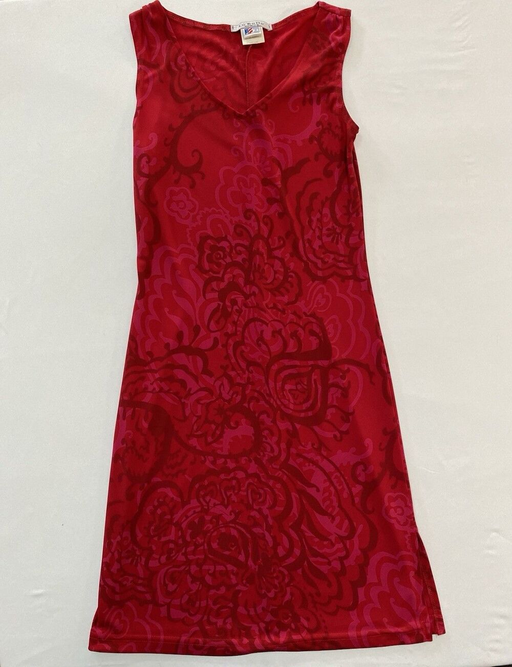 Vtg La Belle Red Floral Midi Dress Medium Made in USA Y2K Whimsigoth Sleeveless